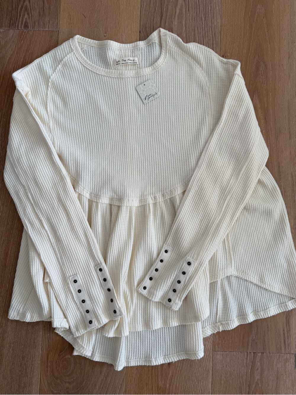 Free People Cream Waffle-Knit Peplum Long Sleeve Top